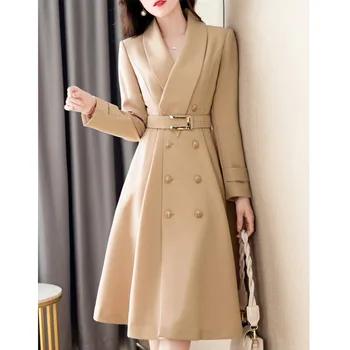 2022 אביב סתיו החדש של נשים מעיל רוח מעיל אמצע אורך אופנה מעיל כפול רזה עם חזה חגורת מעיל Feminino