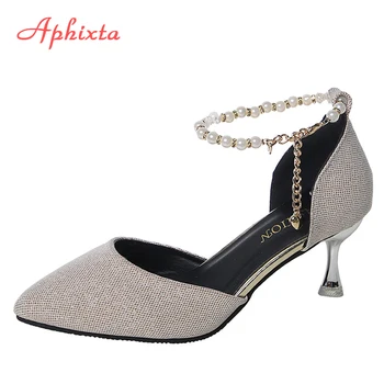 Aphixta 2022 הקיץ יוקרה פנינה צ ' אן 6cm העקבים נעלי נשים מחודד משאבות הבוהן פנאי מסיבת סנדלים לנשים גודל גדול 44