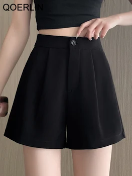 QOERLIN שחור מכנסיים אלסטיים במותניים רחב הרגל קו בקיץ מכנסיים קצרים 2023 חדש Y2K חופשי מזדמן רזה מכנסיים קצרים Ziper בכיס המכנסיים