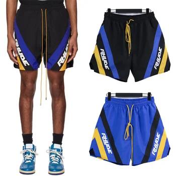 Rhude 2023SS לוגו מונוגרמה הצד המודפס התאמת צבעים ספורט של גברים מקרית בקיץ מכנסיים קצרים