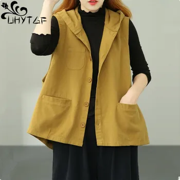 UHYTGF אופנה ברדס אפוד נשים קוריאני חופשי אביב סתיו הז ' קט מעיל נשי מוצק צבע שרוולים מעיל נשים 3XL 2180
