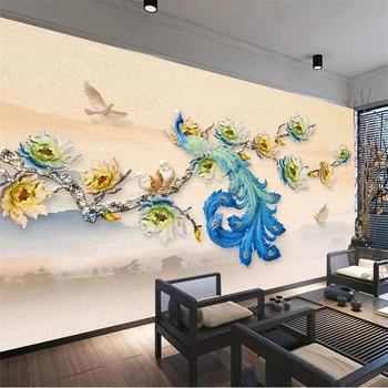 wellyu טפט מותאם אישית 3d ציור קיר מודרני מינימליסטי סינית חדשה עם תבליט פרחים טווס הטלוויזיה רקע ציור הקיר המסמכים דה parede
