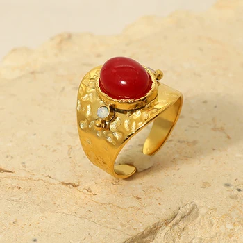בוהמיה אסתטי אדום טבעי Sonte האצבע טבעות לנשים נירוסטה רחב מתכוונן פתיחת טבעת נקבה תכשיטים טבעות