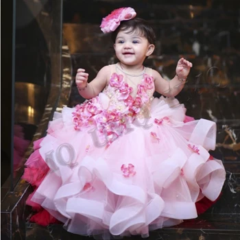 ורוד נפוח בשכבות פעוטות פרח ילדה שמלות אפליקציות תחרה יום הולדת תחפושות צילום חתונה שמלת מותאמים אישית זרוק משלוח