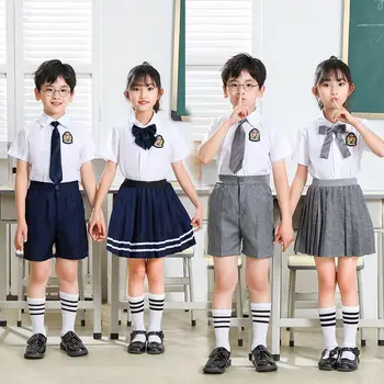 קוריאני הבגדים של הילדים 2023 בנות קצר שרוול החולצה קפלים החצאית/קצר סט ג ' וניור בחורה העליון והתחתון להגדיר Jk המדים