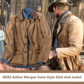 משחק RDR2 ארתור מורגן אותו סגנון ז 'קט המערבי דנים Cosplay תלבושות חום הז' קט ואת החולצה הכחולה לאדם.