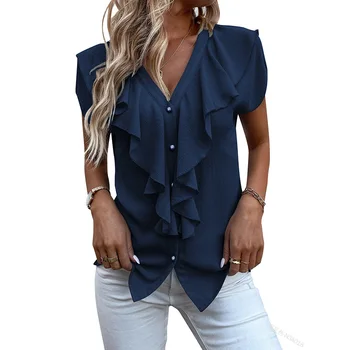 פרע חולצות אופנה קפלים מקסימום Blusas Femininas אלגנטי נשים שרוול קצר צוואר V כפתור למעלה חולצות